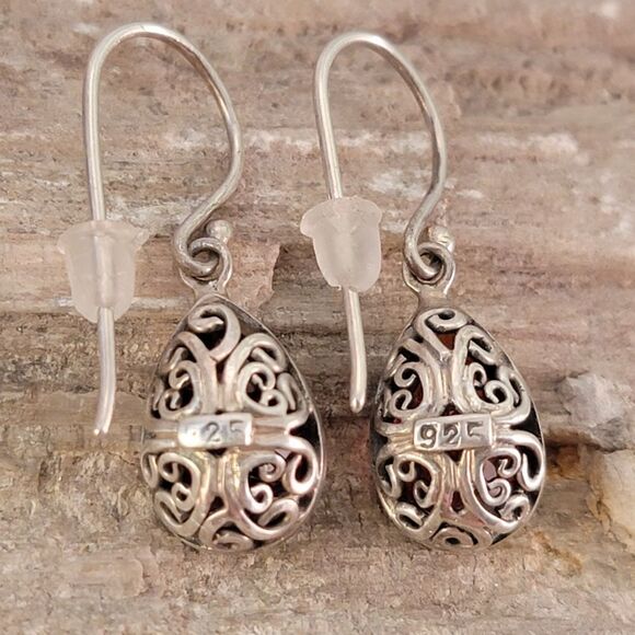 Sterling Silver Bali Style CZ Garnet Pear Drop Earrings - Picture 5 of 6